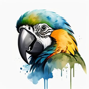 Colorful watercolor portrait of a parrot , facing forward. Vivid colors, clip art, illustration