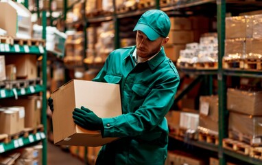 Storekeeper in the warehouse unloads, inspects goods. Warehouse and shipping. Business Processes. Warehousing. Loaders. Loading and unloading. Online delivery. Product packaging. Forklift truck.