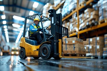A forklift driver at work in the warehouse. Warehouse and shipping. Business processes. Warehouse management. Loaders. Loading and unloading. Online shipping. Product packaging. Forklift.