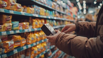 A man in a store checks the barcode of products. Products and quality control. Supervisor. Business processes. Marketing, product placement. Banner, poster, background.