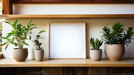 Blank picture frame mockup on the wooden shelf with plants in pots