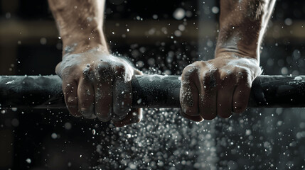 Artistic photo of gymnast's hands gripping uneven bars with chalk dust