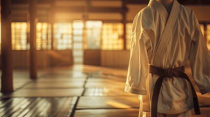 Artistic photo of karate gi over training dummy with softly lit dojo background