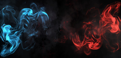 A sleek black modern background featuring a dynamic clash of blue and red smoke effects