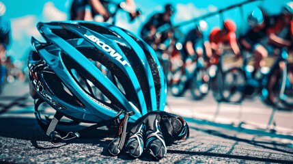 Clean simple image of cycling helmet and gloves on starting line