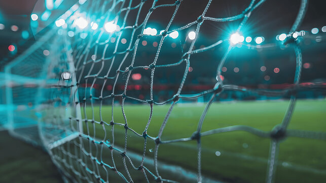 Artistic shot of soccer goal net with blurred stadium background