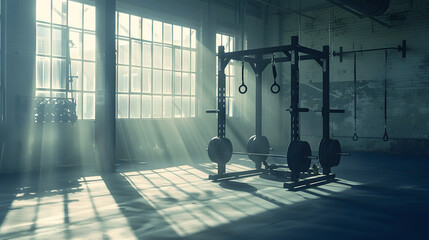 Squat rack in empty gym with natural light casting shadows