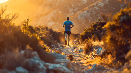 Fototapeta premium Ultramarathon runner at dawn with golden light on trail