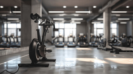 Fototapeta premium Stylish gym with exercise bike and large mirrors reflecting open space