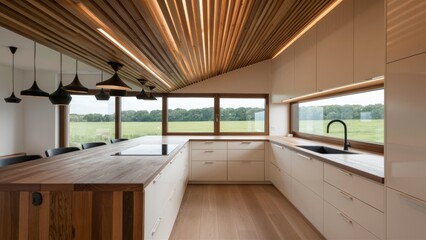 A kitchen with a long counter and wooden cabinets, AI