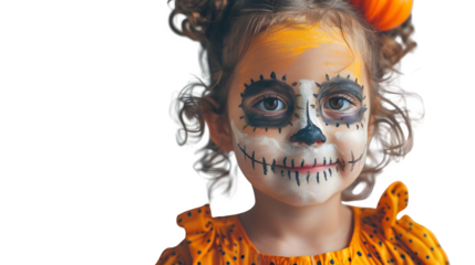 Halloween face paints on cute toddler, spooky toddler face painting, eerie Halloween face paint for kids, png file, isolated on white