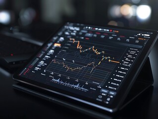 Digital tablet displaying financial graph, trading chart, dark background, futuristic technology, 3D illustration,