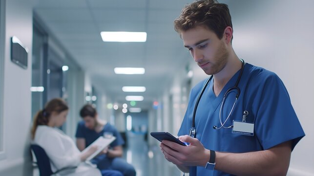 Healthcare Professional Checking Mobile Device in Hospital Corridor
