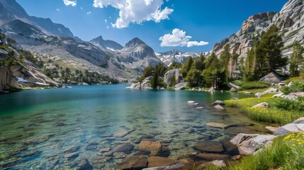 Fototapeta premium Scenic Mountain Lake with Wildflowers and Clear Blue Water 