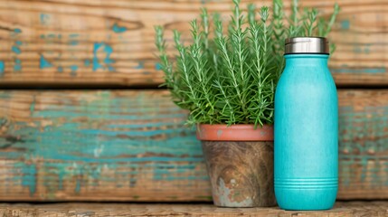 Naklejka premium Turquoise reusable water bottle standing on a wooden surface near a green plant in a terracotta pot, promoting sustainability and a zero waste lifestyle, with copy space