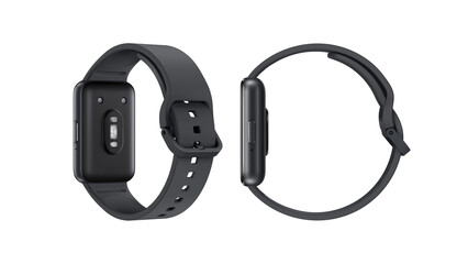 Closeup of grey smartwatches with green interface, isolated on white background.