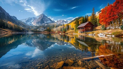 Fototapeta premium Idyllic Mountain Lake with Cabin and Autumn Colors 