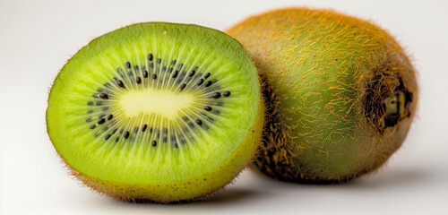 Fototapeta premium A vibrant image of a ripe kiwi fruit on a clean white background. The kiwi is showcased in exquisite detail, with its fuzzy brown skin and vibrant green flesh visibly enticing