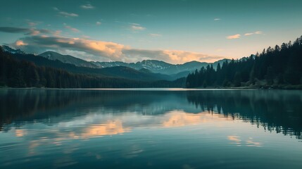 Misty Mountain Lake at Dusk with Reflections and Forest
