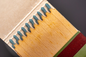 Set of wooden matches with the head or blue flammable material.