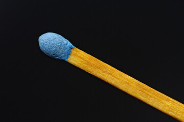 Match stick with blue head in day on black background.