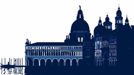 Silhouette of Doge's Palace and Venetian architecture reflecting on canal water