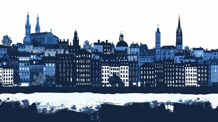 Obraz premium Illustrated skyline of Lyon, France with detailed architecture and landmarks in blue tones