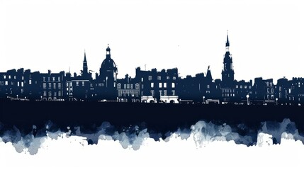 Naklejka premium Nantes skyline silhouette illustration with artistic ink splatter effects showcasing historical architecture