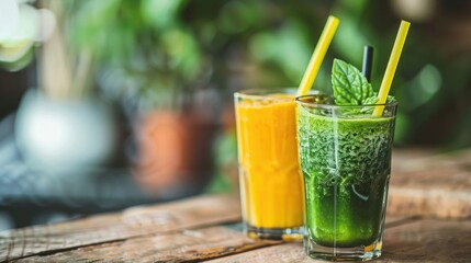 Fototapeta premium Green and yellow detox smoothies in glasses with straws on wooden table