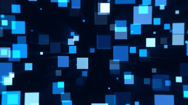 Abstract squares in 3d space shining and twinkling, blue colors in dark, presentation background