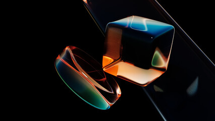 Abstract fluid holographic iridescent neon geometric shapes in dark background 3d render. Gradient design element for banners, backgrounds, wallpapers and covers
