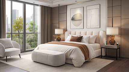 Modern bedroom interior with bed and large windows, cozy furniture, and elegant decor