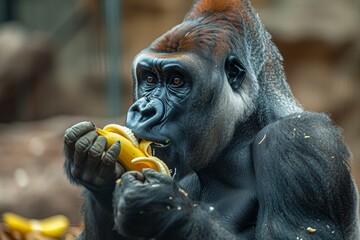Silverback Gorilla Eating Banana: Jungle Herbivore Primate