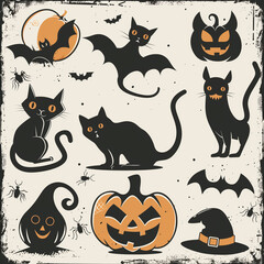 Fototapeta premium halloween set with jack-o’-lantern with a witch’s hat, white ghosts, black bats, and spiders