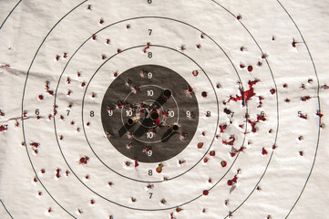 Old practice shooting target, damaged gun, bullet traces