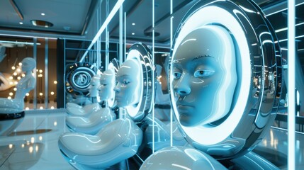 A room with many white faces on the walls