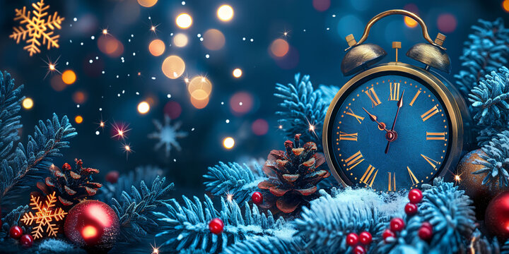 The festive christmas background setting with a vintage clock surrounded by pinecones, baubles, and snow-covered branches, christmas holiday concept