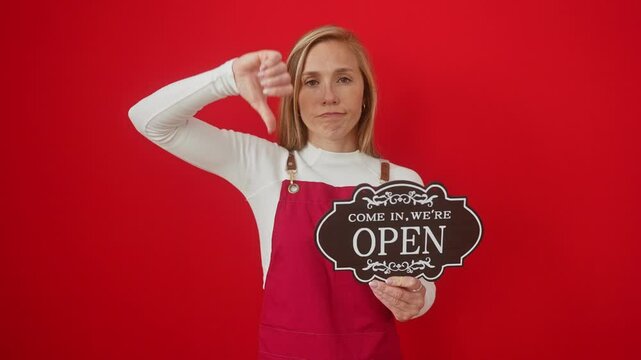 Angry young blonde woman in apron, disapproval glaring over red background, thumbs down gesture on open blackboard. manifesting rejection, bad sign of discontent and negative feeling.