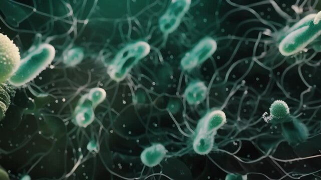 A of bacterial cells moving in a coordinated fashion each one using its individual flagella to aid in the overall group movement.