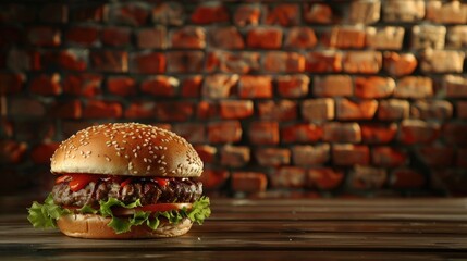 Classic hamburger on wooden table in front of brick wall with space for text