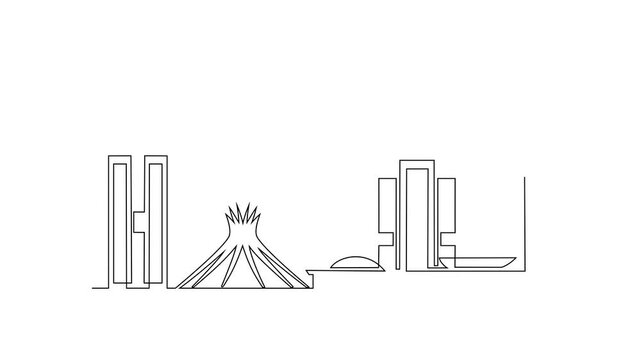 Animated self drawing of Brasilia skyline video design illustration. Modern city in South America in simple linear style video design concept. Big city in Brazil. Iconic architectural building