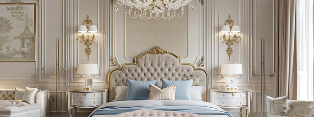 Parisian Chic Bedroom with Crystal Chandelier Mockup 