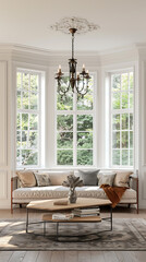Traditional English Living Room with Bay Windows Mockup 