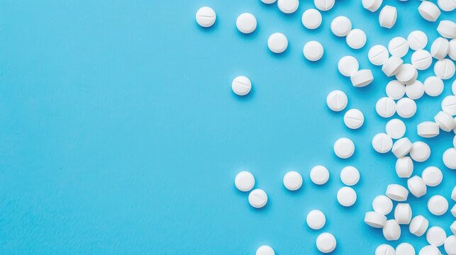 White pills on blue background with empty space