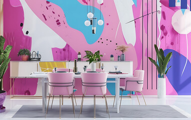 Pop Art Dining Room with Graphic Wall Art Mockup 