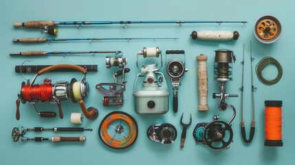 A detailed assortment of fishing gear including rods, reels, and various accessories, neatly arranged on a blue background, perfect for fishing enthusiasts and nature lovers.