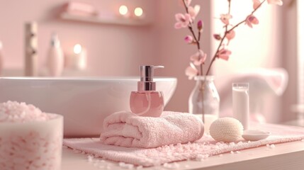 Bath essentials displayed in a light pink themed setup