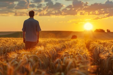 Fototapeta premium Solitary Man Silhouette in Countryside Wheat Field at Sunset