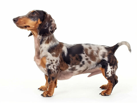 Petit chien mignon sur fond blanc : chien de race teckel &agrave; la robe arlequin (merle) sur arri&egrave;re-plan blanc