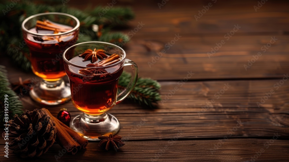 Canvas Prints Mulled wine in glass cups on dark wood background space for text